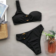 Load image into Gallery viewer, INGAGA One Shoulder Bikini Women's Swimsuit High Waist Swimwear Sexy Rings Biquini Black Ribbed Beachwear 2021 Brazilian Bikinis