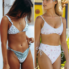 Load image into Gallery viewer, Miyouj Sexy Print Ruffle Bikini Cross Bandage Swimsuit Hollow Out Swimwear Floral Biquini Feminino V-Neck Bikini Set Beach Wear