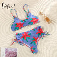 Load image into Gallery viewer, Miyouj Sexy Print Ruffle Bikini Cross Bandage Swimsuit Hollow Out Swimwear Floral Biquini Feminino V-Neck Bikini Set Beach Wear