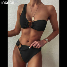 Load image into Gallery viewer, INGAGA One Shoulder Bikini Women's Swimsuit High Waist Swimwear Sexy Rings Biquini Black Ribbed Beachwear 2021 Brazilian Bikinis
