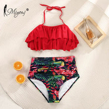 Load image into Gallery viewer, Miyouj Sexy Print Ruffle Bikini Cross Bandage Swimsuit Hollow Out Swimwear Floral Biquini Feminino V-Neck Bikini Set Beach Wear
