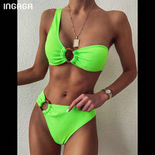 Load image into Gallery viewer, INGAGA One Shoulder Bikini Women's Swimsuit High Waist Swimwear Sexy Rings Biquini Black Ribbed Beachwear 2021 Brazilian Bikinis
