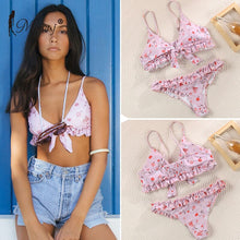 Load image into Gallery viewer, Miyouj Sexy Print Ruffle Bikini Cross Bandage Swimsuit Hollow Out Swimwear Floral Biquini Feminino V-Neck Bikini Set Beach Wear
