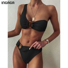 Load image into Gallery viewer, INGAGA One Shoulder Bikini Women's Swimsuit High Waist Swimwear Sexy Rings Biquini Black Ribbed Beachwear 2021 Brazilian Bikinis
