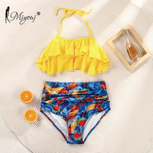 Load image into Gallery viewer, Miyouj Sexy Print Ruffle Bikini Cross Bandage Swimsuit Hollow Out Swimwear Floral Biquini Feminino V-Neck Bikini Set Beach Wear
