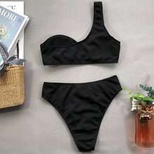 Load image into Gallery viewer, INGAGA One Shoulder Bikini Women's Swimsuit High Waist Swimwear Sexy Rings Biquini Black Ribbed Beachwear 2021 Brazilian Bikinis
