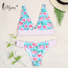 Load image into Gallery viewer, Miyouj Sexy Print Ruffle Bikini Cross Bandage Swimsuit Hollow Out Swimwear Floral Biquini Feminino V-Neck Bikini Set Beach Wear
