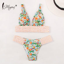 Load image into Gallery viewer, Miyouj Sexy Print Ruffle Bikini Cross Bandage Swimsuit Hollow Out Swimwear Floral Biquini Feminino V-Neck Bikini Set Beach Wear
