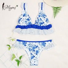 Load image into Gallery viewer, Miyouj Sexy Print Ruffle Bikini Cross Bandage Swimsuit Hollow Out Swimwear Floral Biquini Feminino V-Neck Bikini Set Beach Wear
