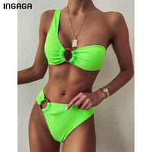 Load image into Gallery viewer, INGAGA One Shoulder Bikini Women's Swimsuit High Waist Swimwear Sexy Rings Biquini Black Ribbed Beachwear 2021 Brazilian Bikinis
