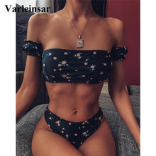 Load image into Gallery viewer, 2020 Floral Off Shoulder Bikini Female Swimsuit Women Swimwear Two-pieces Bikini set Mid Waist Bather Bathing Suit Swim V1671
