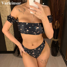Load image into Gallery viewer, 2020 Floral Off Shoulder Bikini Female Swimsuit Women Swimwear Two-pieces Bikini set Mid Waist Bather Bathing Suit Swim V1671
